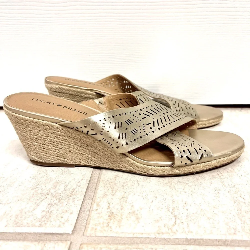 Lucky Brand KEELA Women’s Gold Leather Espadrille Wedge Sandals - Size 12M Boho